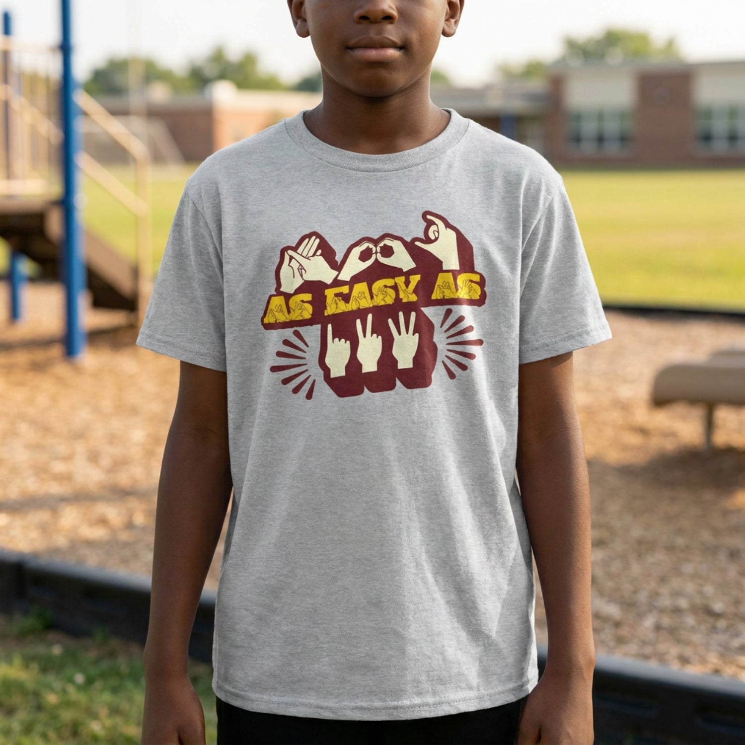 Child wearing a grey t-shirt with a graphic design outdoors