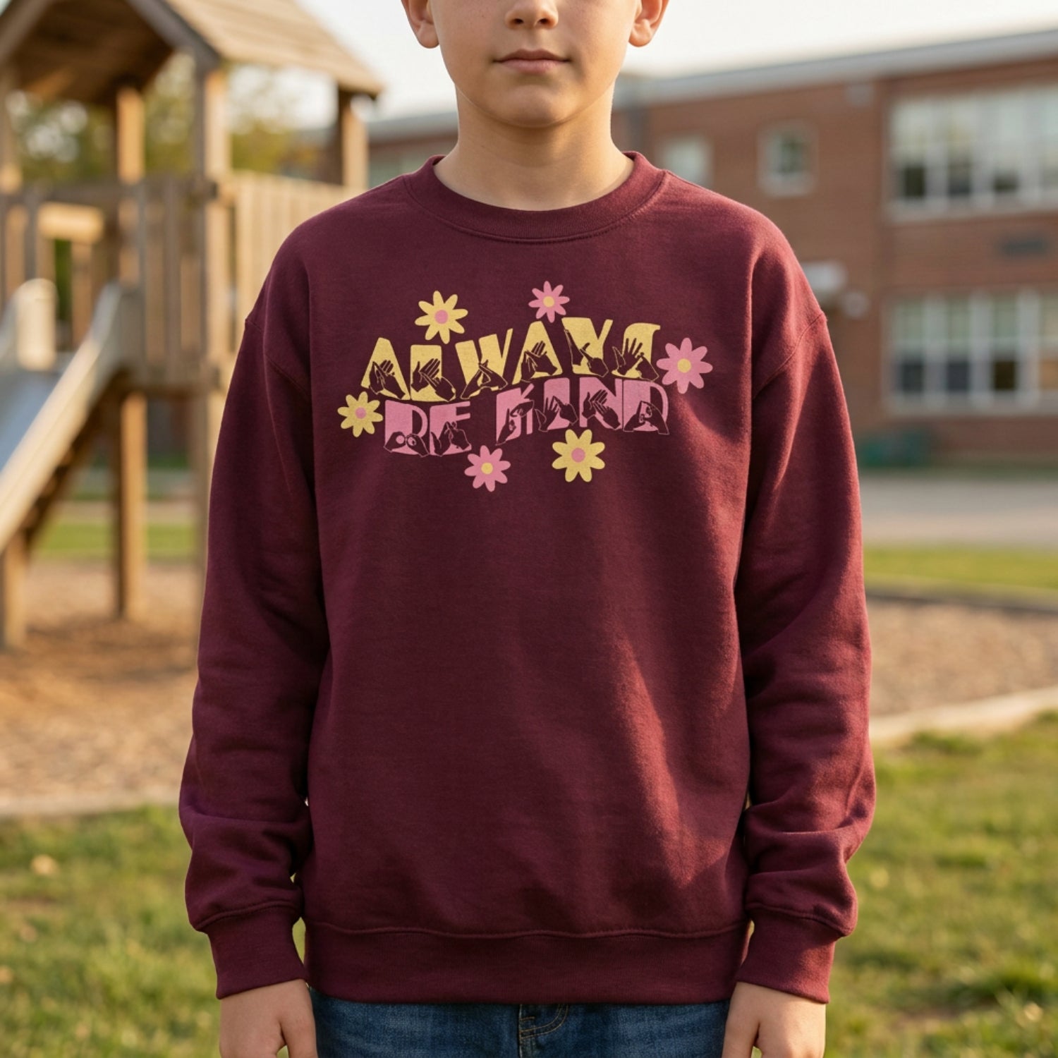 A person wearing a maroon sweatshirt with ‘Always Be Kind’ in BSL fingerspelling and text, accented by a floral design