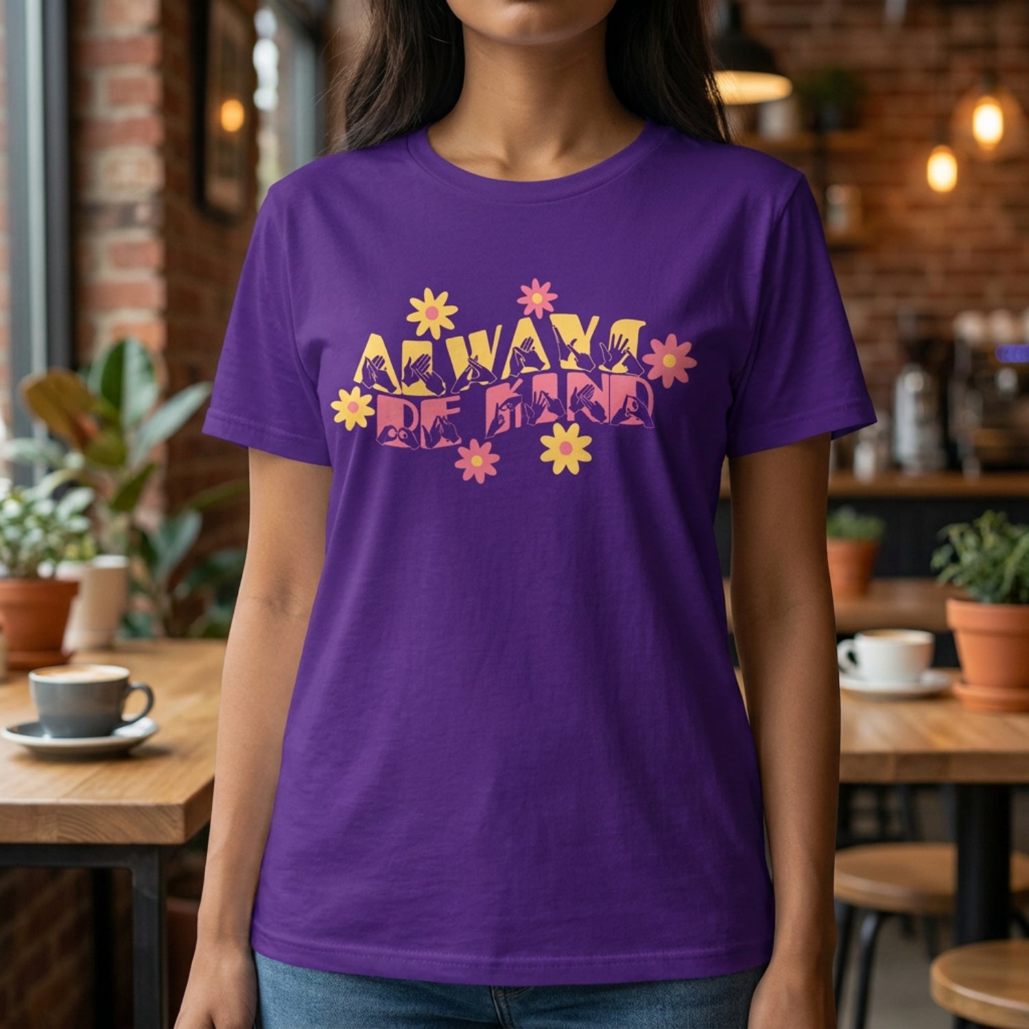 A person wearing purple T-Shirt with the phrase Always Be Kind in BSL fingerspelling and text combined with floral design