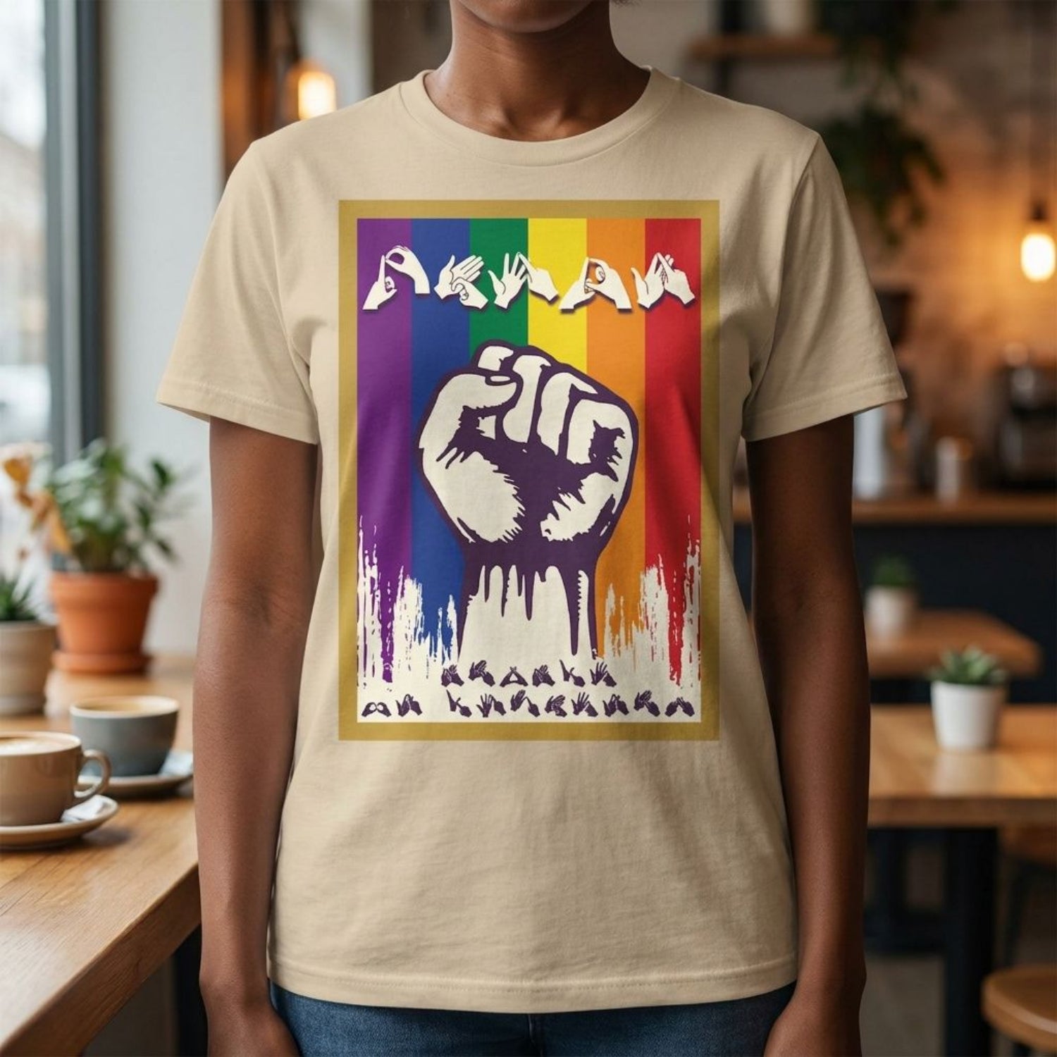 Person wearing a sand t-shirt with pride solidarity design with BSL fingerspelling in a casual setting.