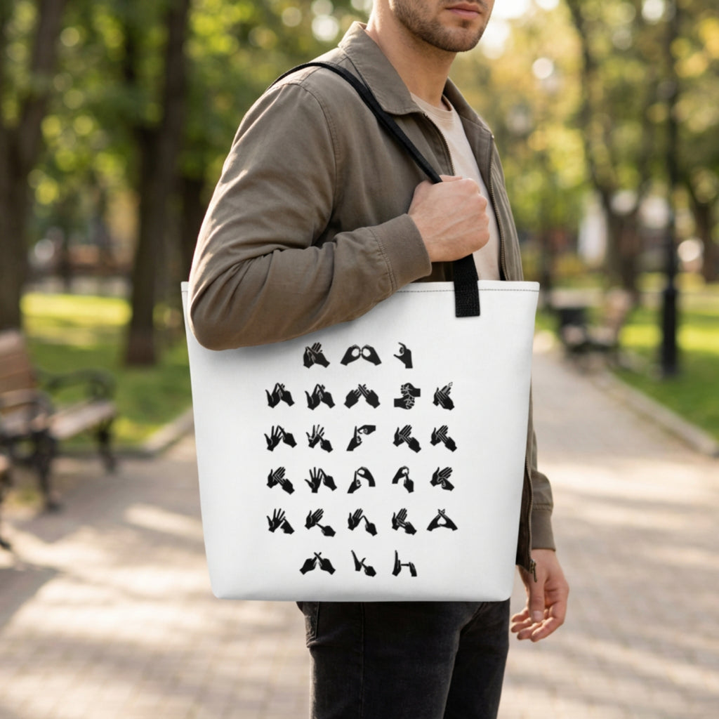 Person holding a white tote bag with black fingerspelling in a park