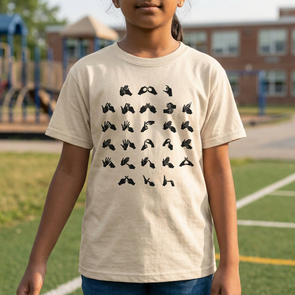 Child wearing a beige t-shirt with black fingerspelling design on a school playground.