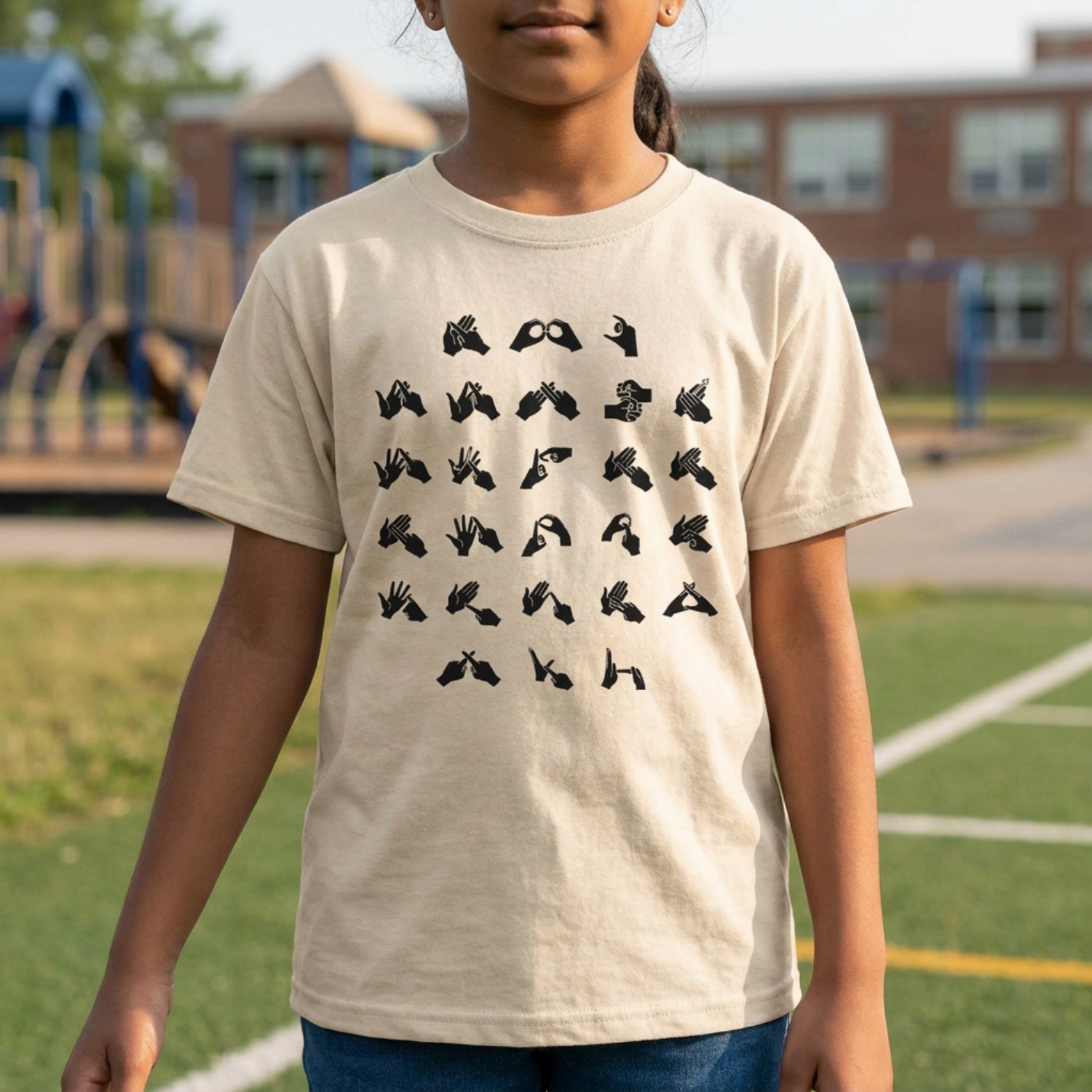 Child wearing a beige t-shirt with black fingerspelling design on a school playground.