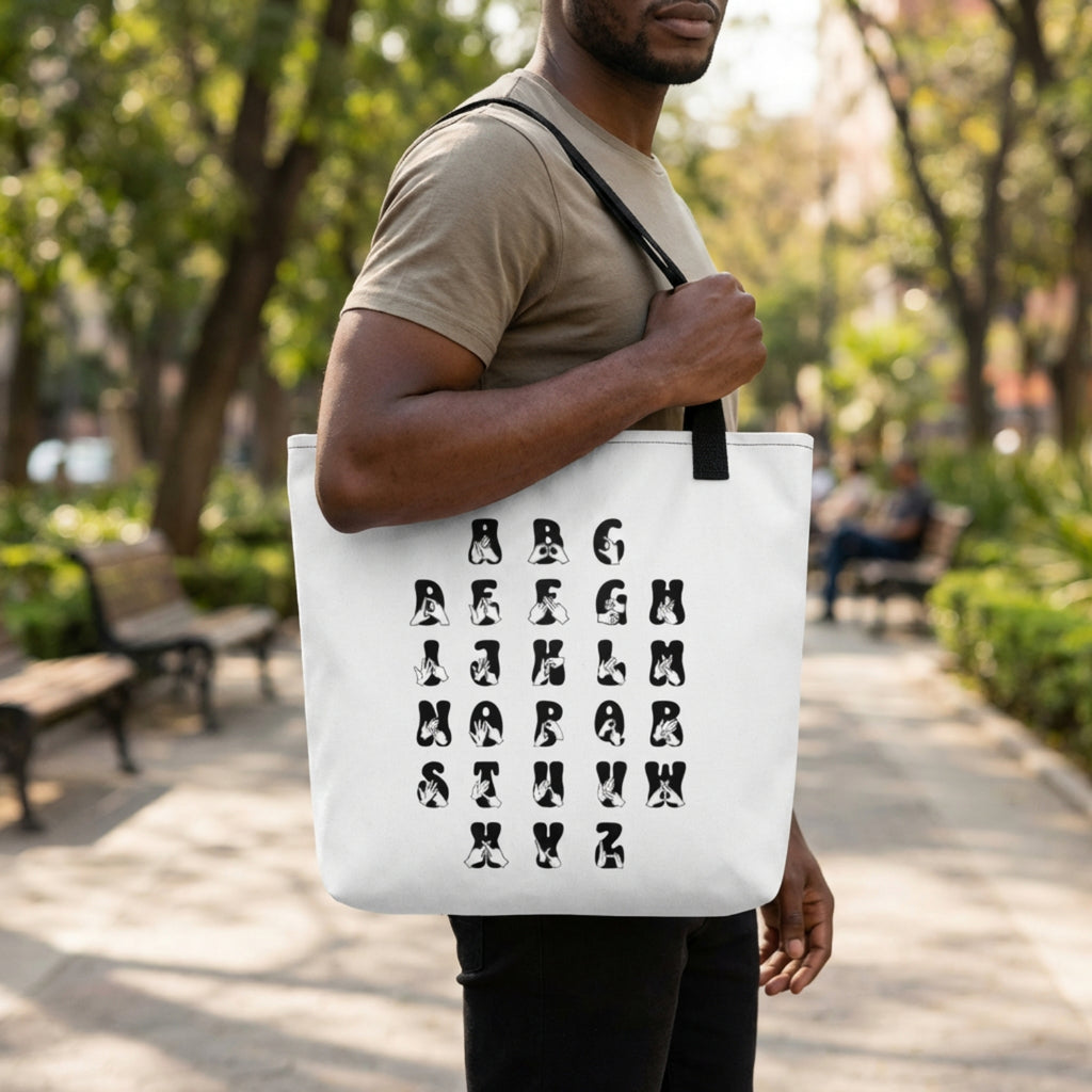 Person holding a white tote bag with black letter patterns in an outdoor setting