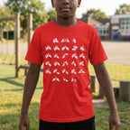 A person wearing a red t-shirt with BSL Alphabet - White Fingerspelling