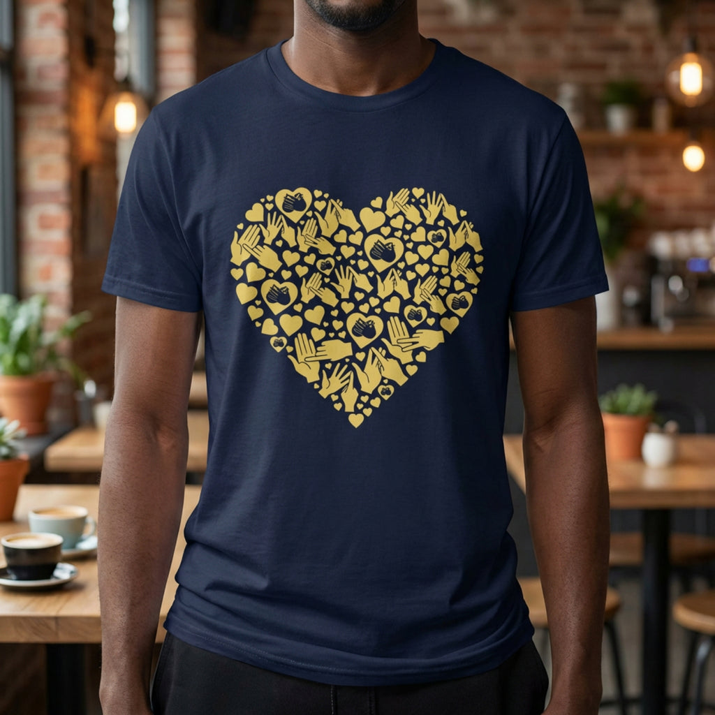 Person wearing a navy blue t-shirt with a gold heart design in a casual setting