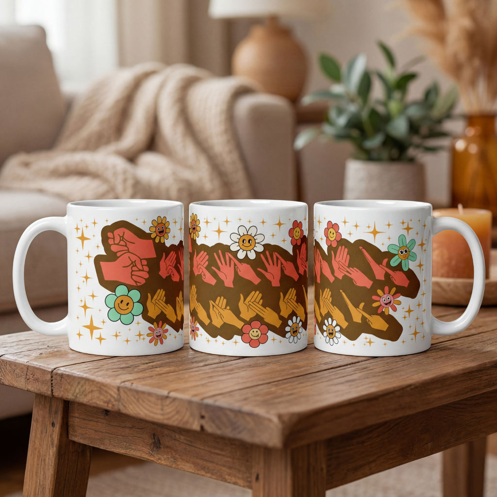 Three mugs with colorful designs on a wooden table in a cozy living room setting.