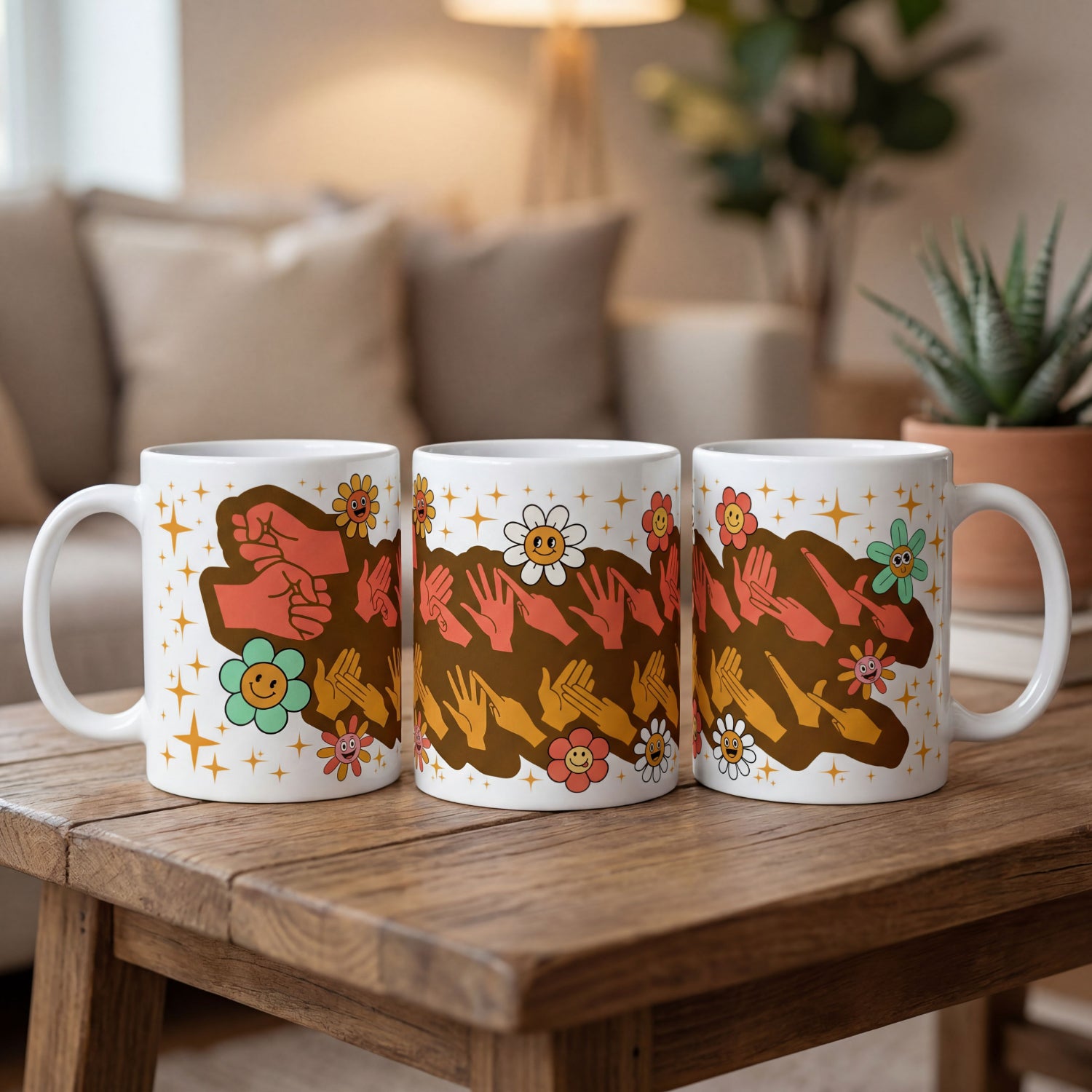 Three mugs with colorful designs on a wooden table in a cozy living room setting.