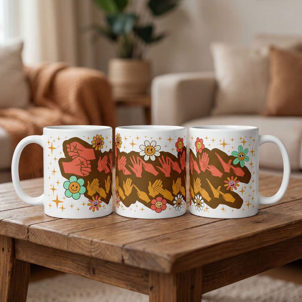 Three 'Supermum' mugs on a wooden table in a cozy living room.