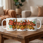 Three 'Supermum' mugs on a wooden table in a cozy living room.