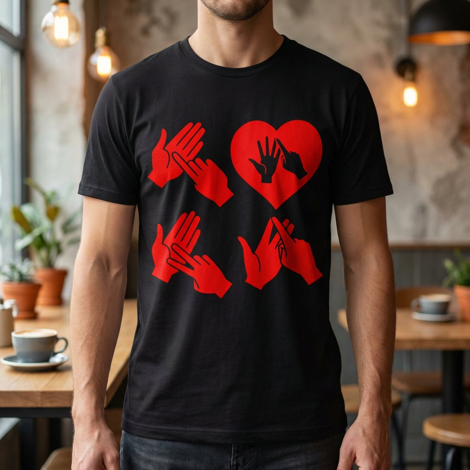 Person wearing a black t-shirt with red fingerspelling design in a casual setting