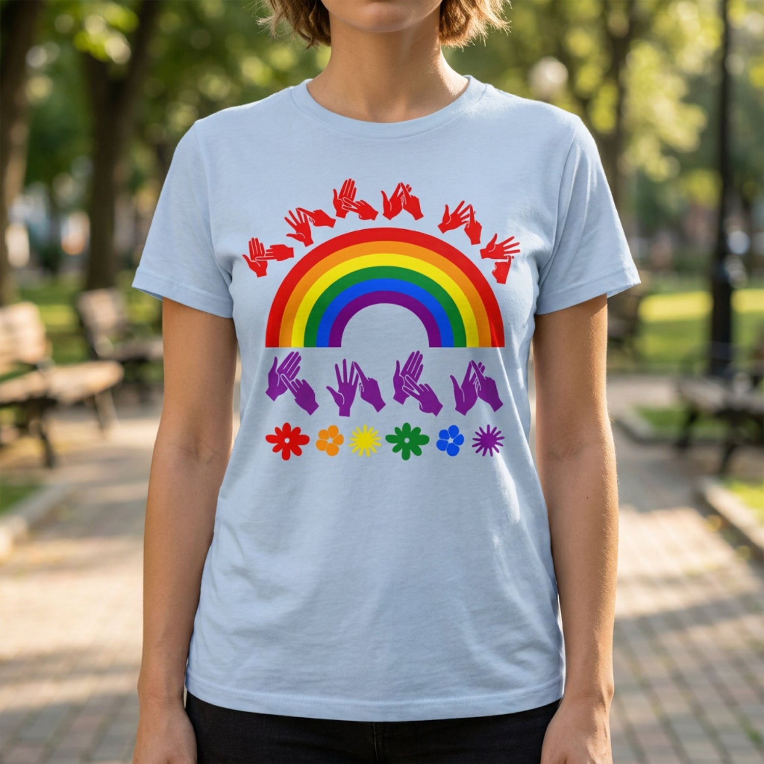 A person wearing a light blue t-shirt with pride rainbow surrounded by the phrase "Love Is Love" in BSL fingerspelling