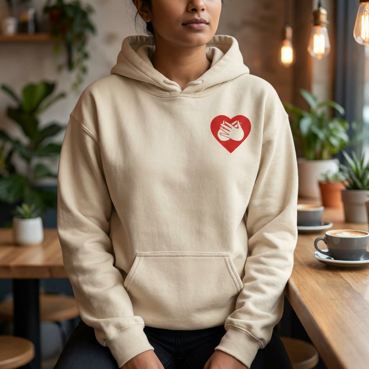 Person wearing a beige hoodie with a red heart and hand design in a cozy indoor setting.