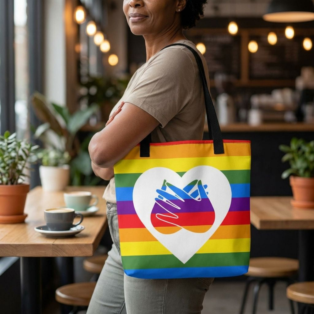 Person holding a rainbow tote bag with a heart and hand design in a cafe setting