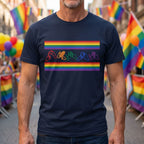 Man wearing a navy blue t-shirt with pride rainbow-colored fingerspelling at a Pride event.