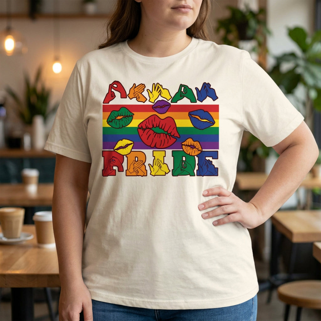 Person wearing a 'Pride' t-shirt with rainbow colours and lip prints in a casual setting.