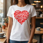 Person wearing a white t-shirt with a red heart design in a cafe setting