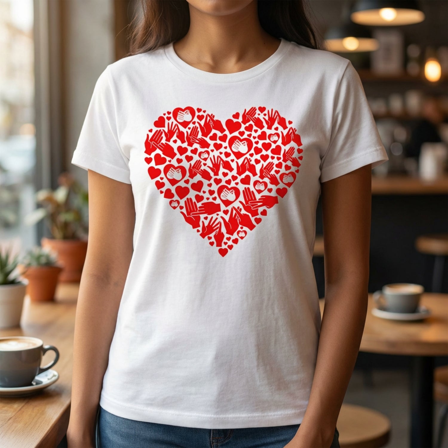 Person wearing a white t-shirt with a red heart design in a cafe setting