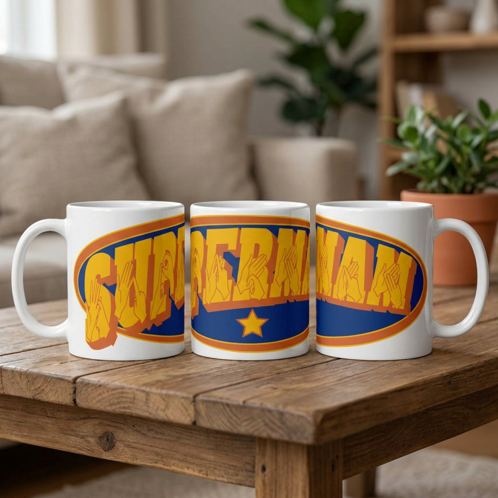 Three 'Supermam' mugs on a wooden table in a cozy living room.
