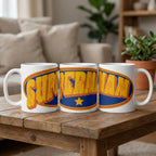 Three 'Supermam' mugs on a wooden table in a cozy living room.