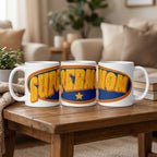 Three 'Supermom' mugs on a wooden table in a cozy living room.