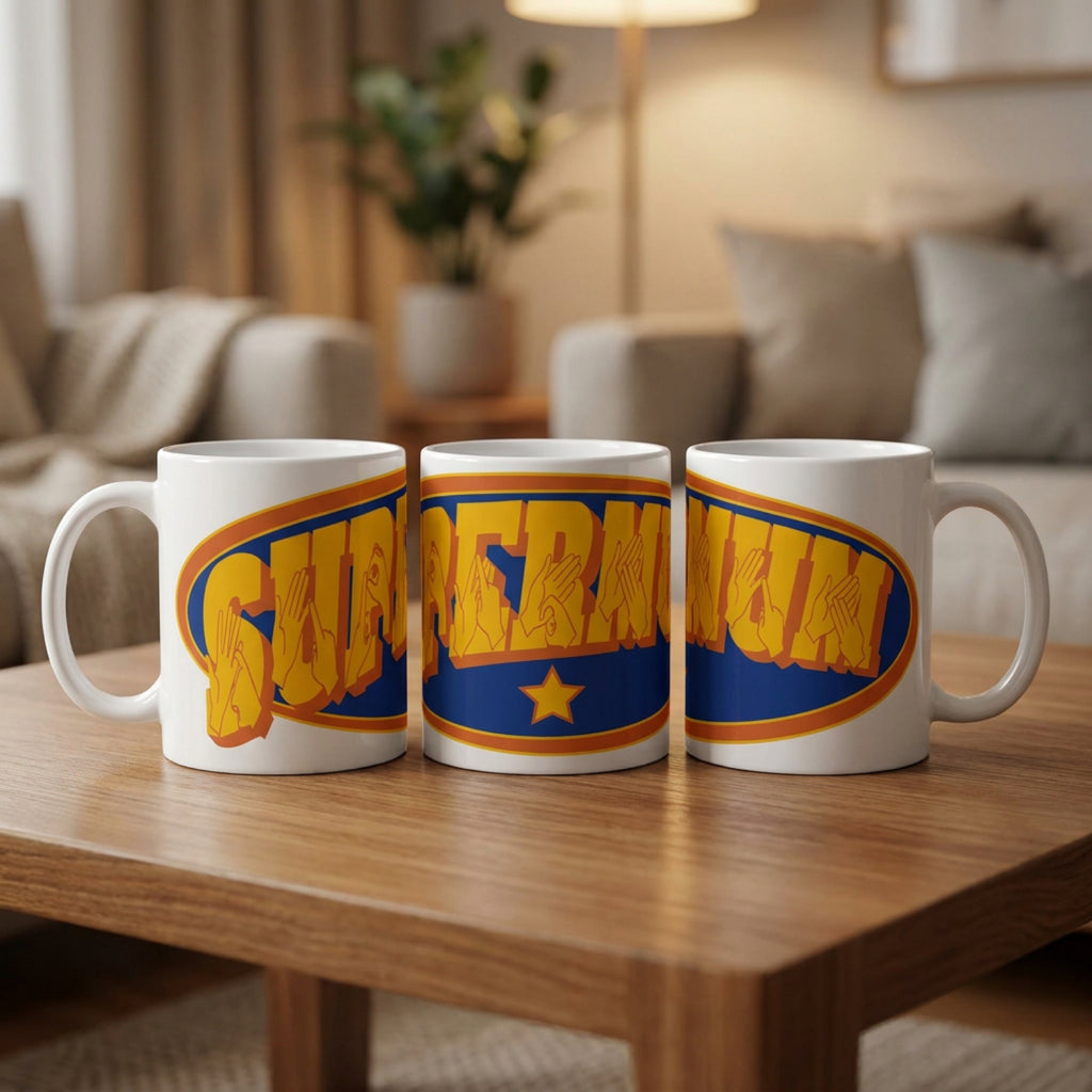 Three mugs with colorful designs on a wooden table in a cozy living room setting.