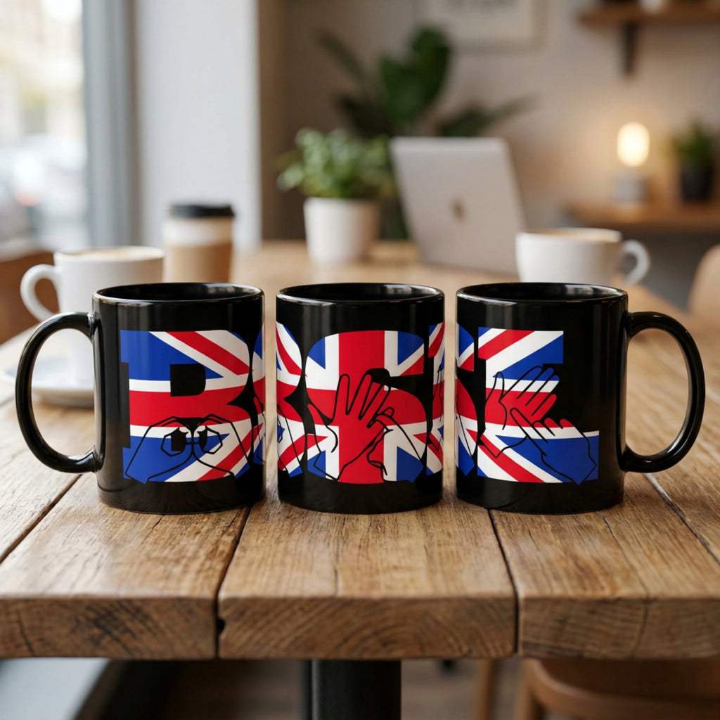 Three BSL mugs on a wooden table in a cozy cafe setting.
