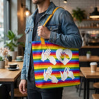 Person holding a rainbow tote bag with white symbols in a casual setting