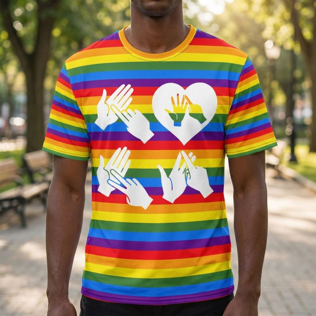 Person wearing a rainbow striped t-shirt with white BSL design outdoors.