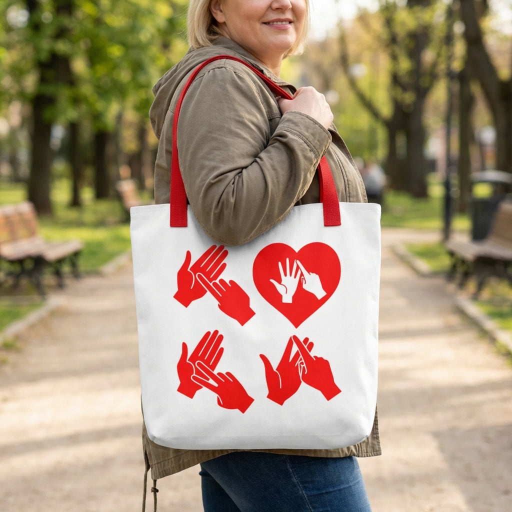 Person holding a tote bag with red heart and fingerspelling in a park