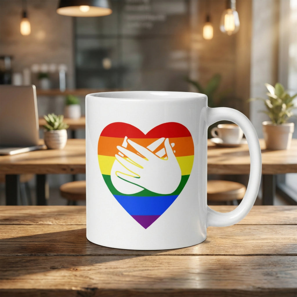 White mug with a pride rainbow heart and hand symbol on a wooden table in a cozy cafe setting.