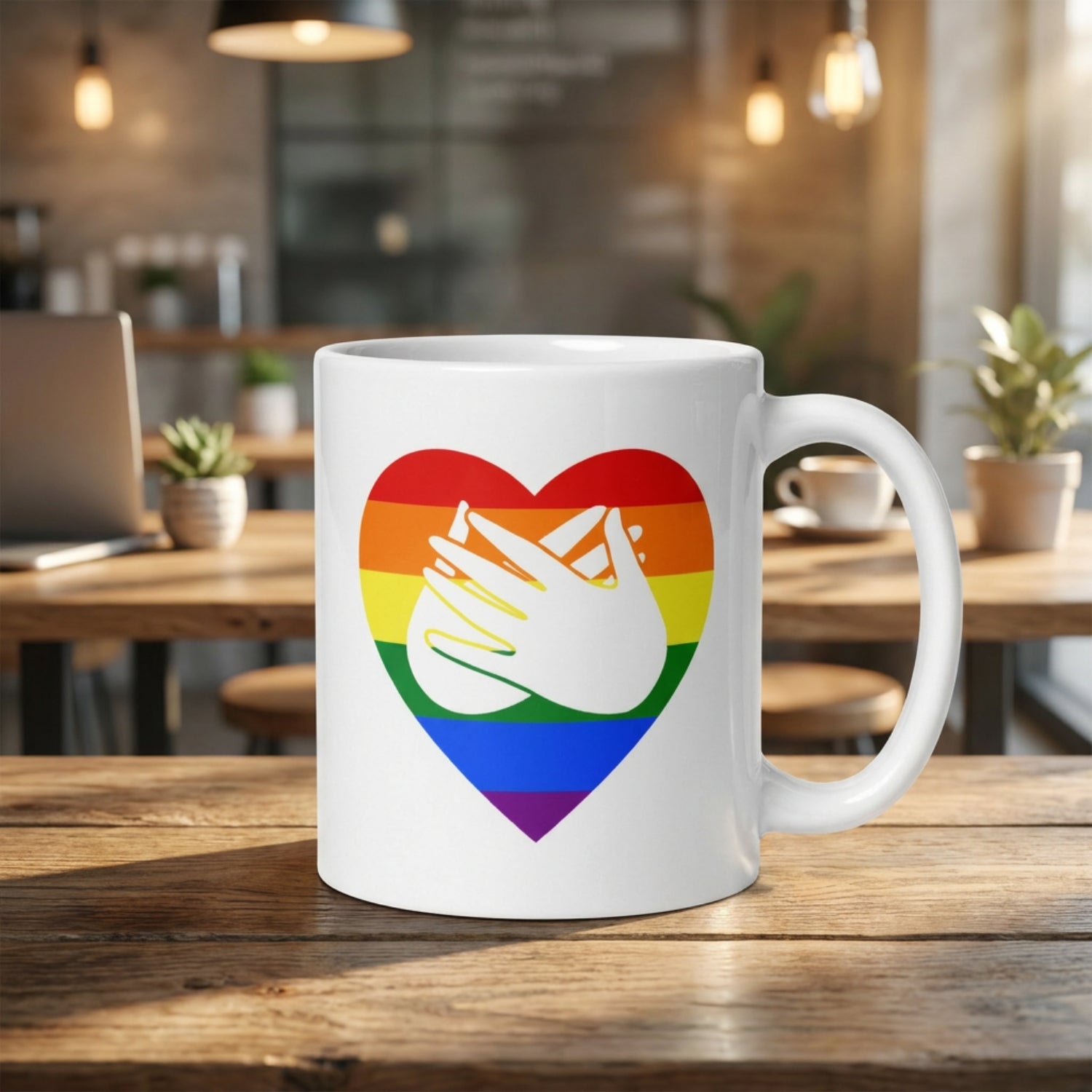 White mug with a pride rainbow heart and hand symbol on a wooden table in a cozy cafe setting.