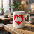 White mug with a red heart and hand symbol on a wooden table in a cozy cafe setting.