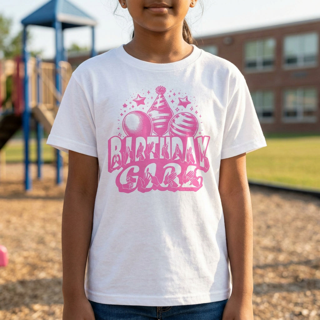A person wearing a white kids' t-shirt with "Birthday Girl" in bold letters featuring British Sign Language fingerspelling, with pink balloons, stars, and a party hat above.