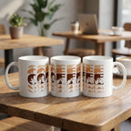 Three mugs with 'Coffee'  cutaway design in brown on a wooden table in a cafe setting.