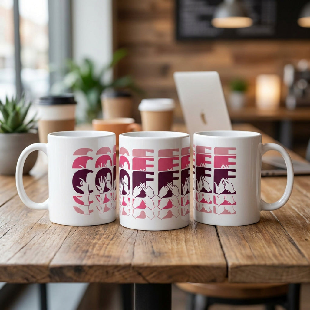 Three mugs with 'Coffee'  cutaway design in pink on a wooden table in a cafe setting.
