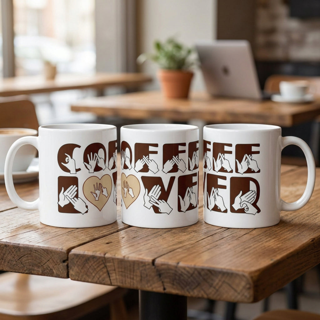 Three mugs with 'Coffee Lover' design in brown on a wooden table in a cafe setting.