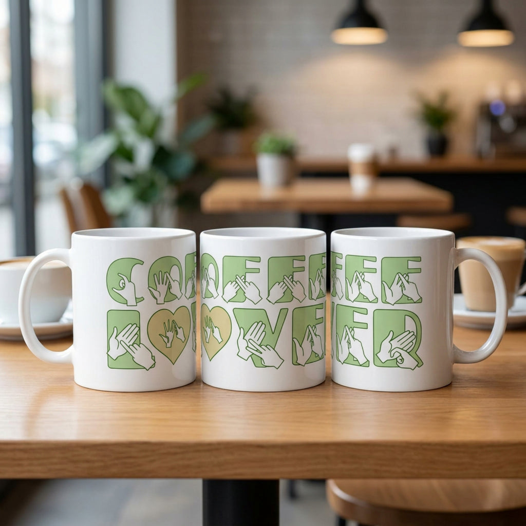 Three mugs with 'Coffee Lover' design in green on a wooden table in a cafe setting.