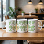 Three mugs with 'Coffee Lover' design in green on a wooden table in a cafe setting.