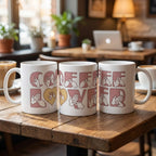 Three mugs with 'Coffee Lover' design in pink on a wooden table in a cafe setting.