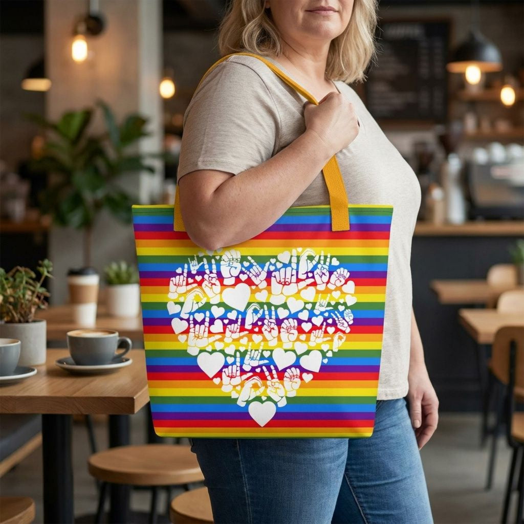 Person holding a pride tote bag with colorful designs in a casual setting.