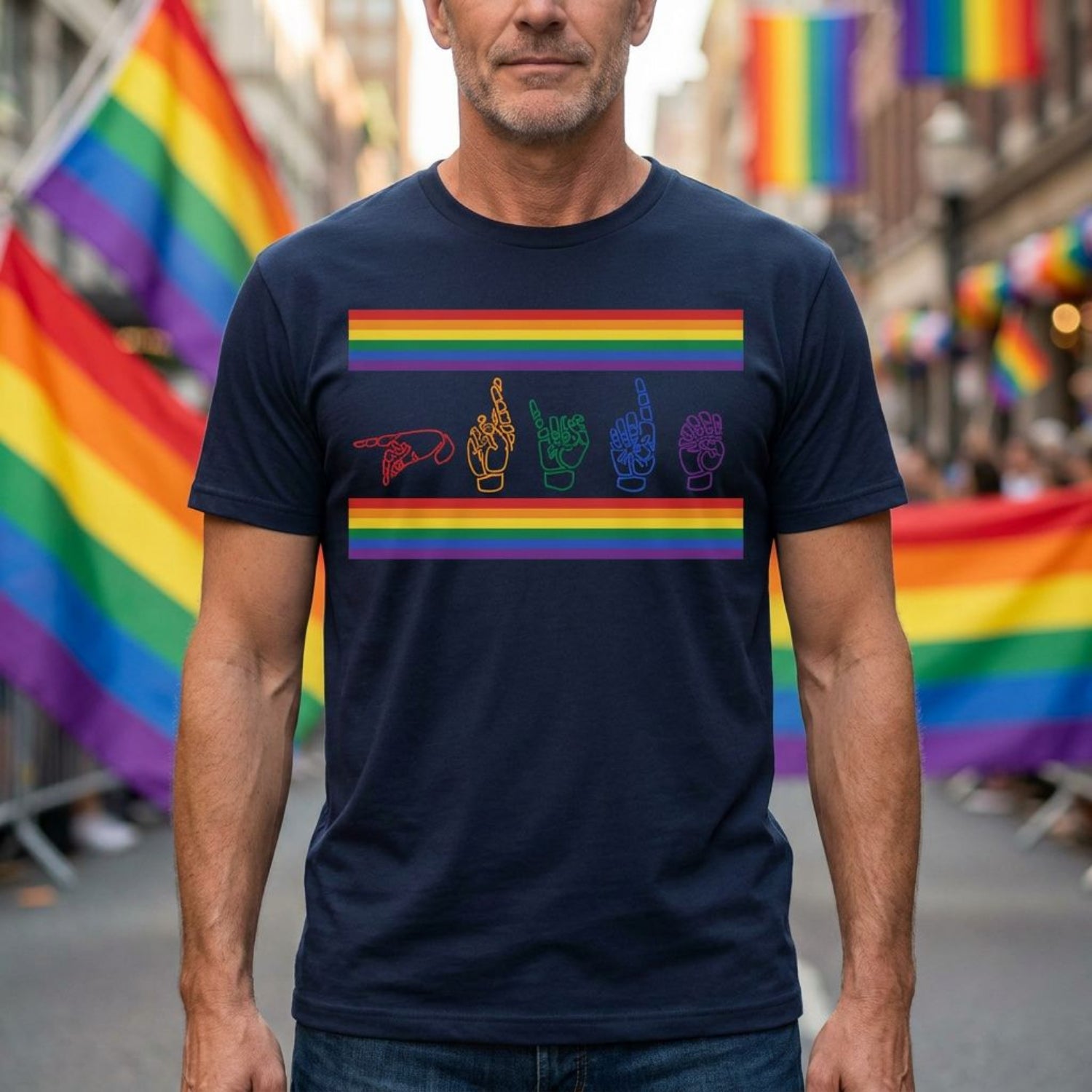 Man wearing a navy blue t-shirt with pride rainbow-colored fingerspelling at a Pride event.