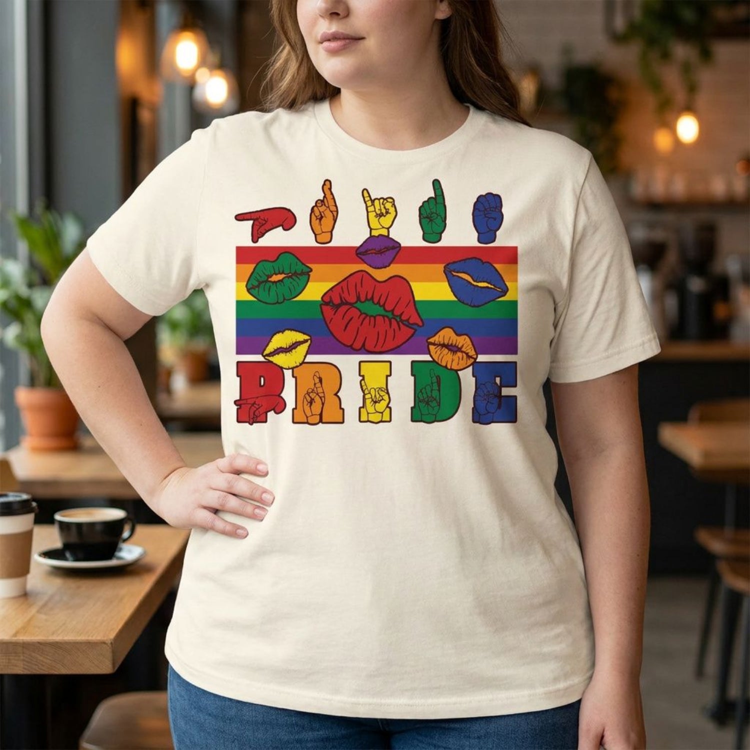 Person wearing a 'Pride' t-shirt with rainbow colors and lip prints in a casual setting.