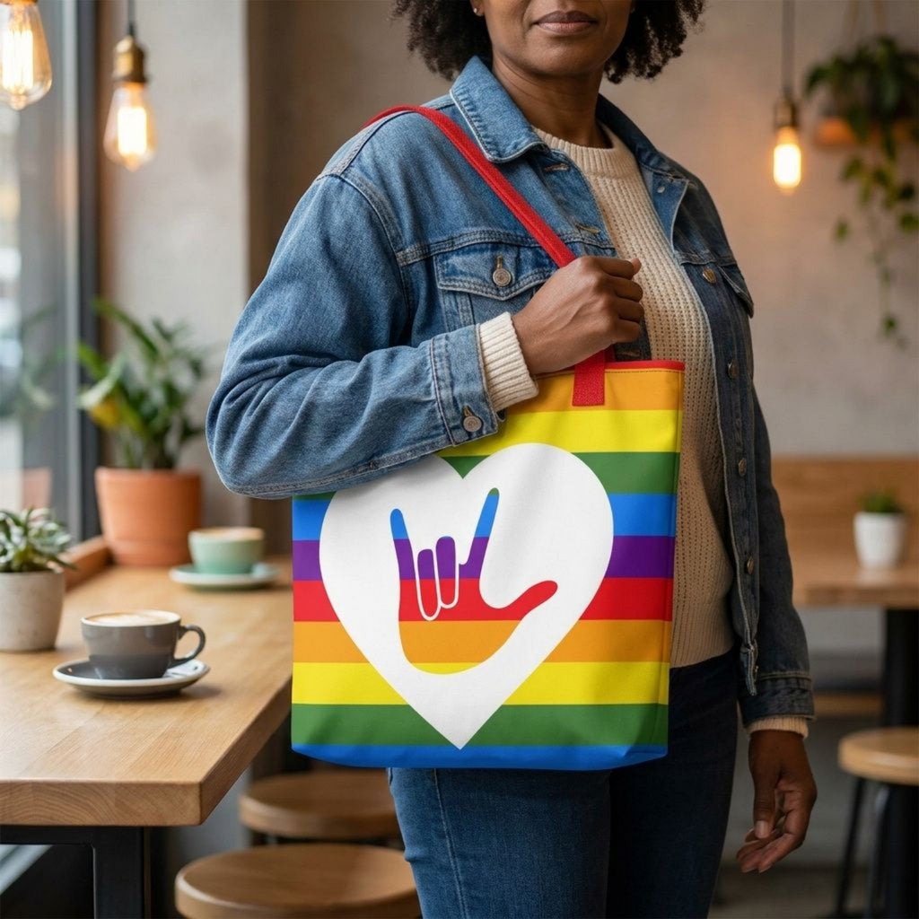 Person holding a rainbow tote bag with a heart and ASL I Love You sign design in a cafe.