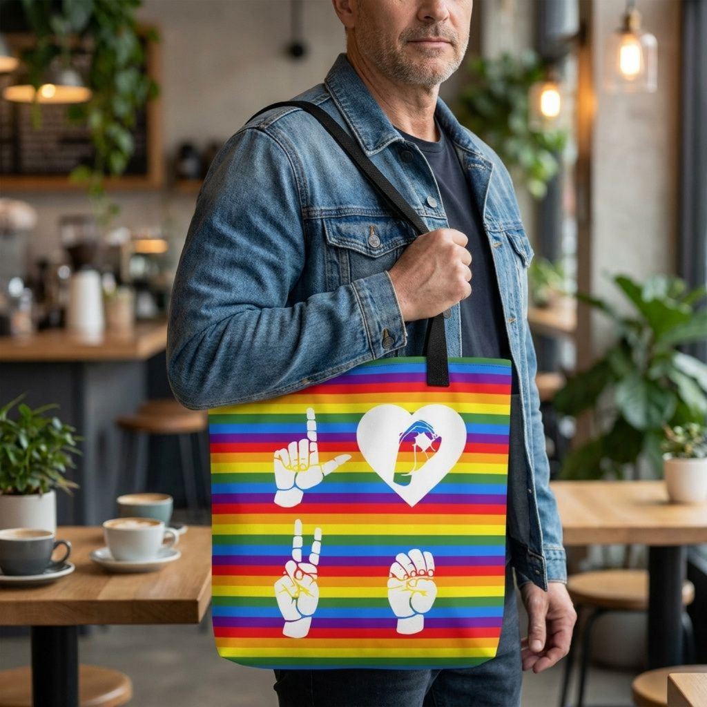 Man holding a rainbow tote bag with white ASL fingerspelling design in a cafe setting