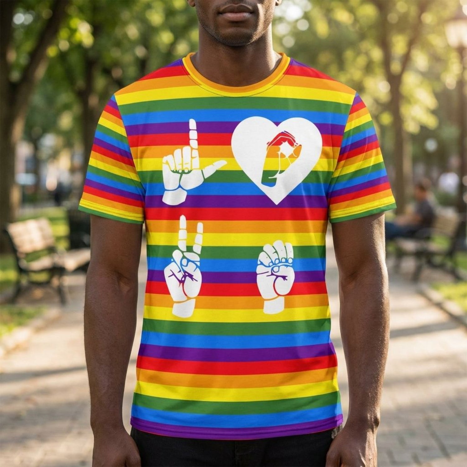 Person wearing a rainbow striped t-shirt with white ASL design outdoors.