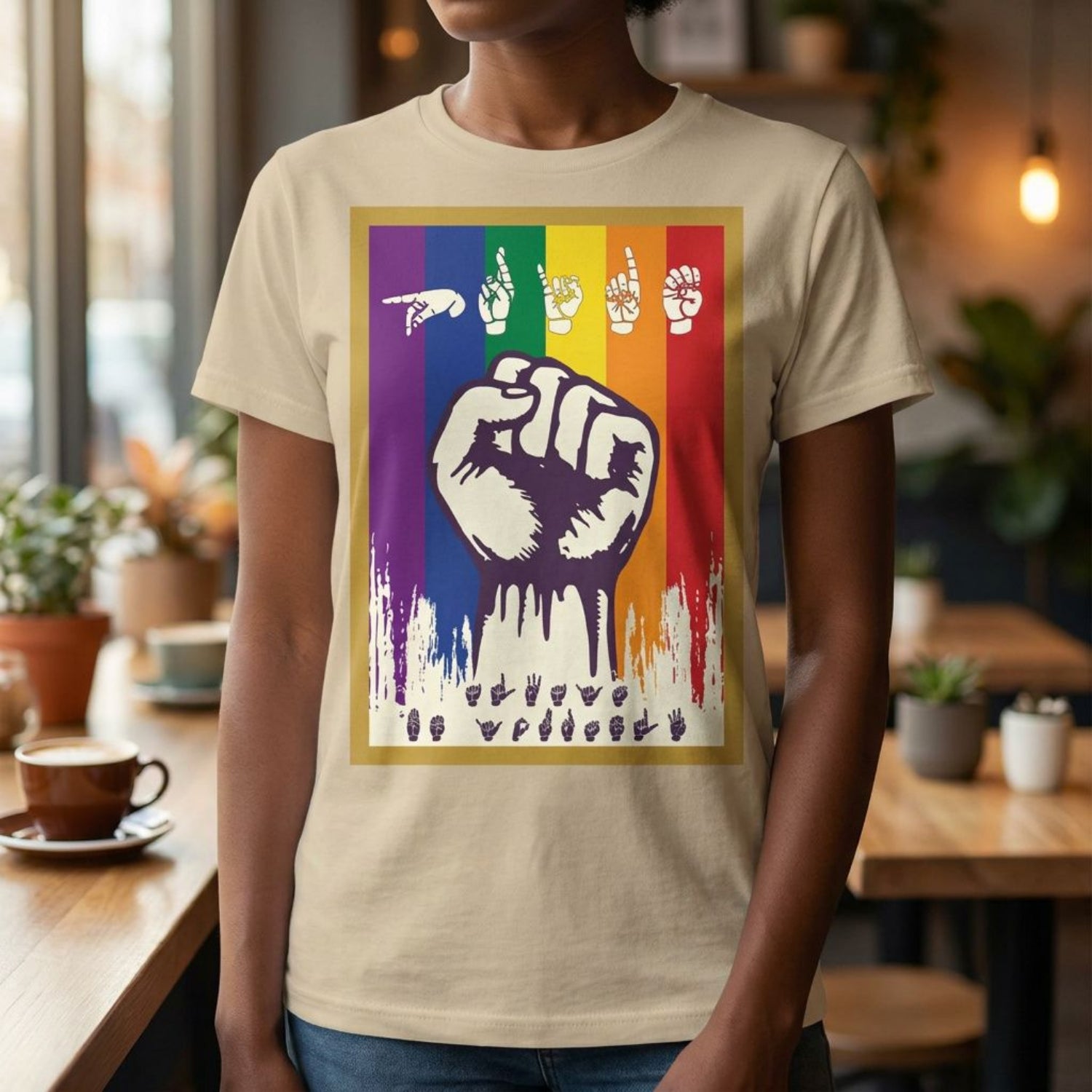 Person wearing a sand t-shirt with pride solidarity design with ASL fingerspelling in a casual setting.