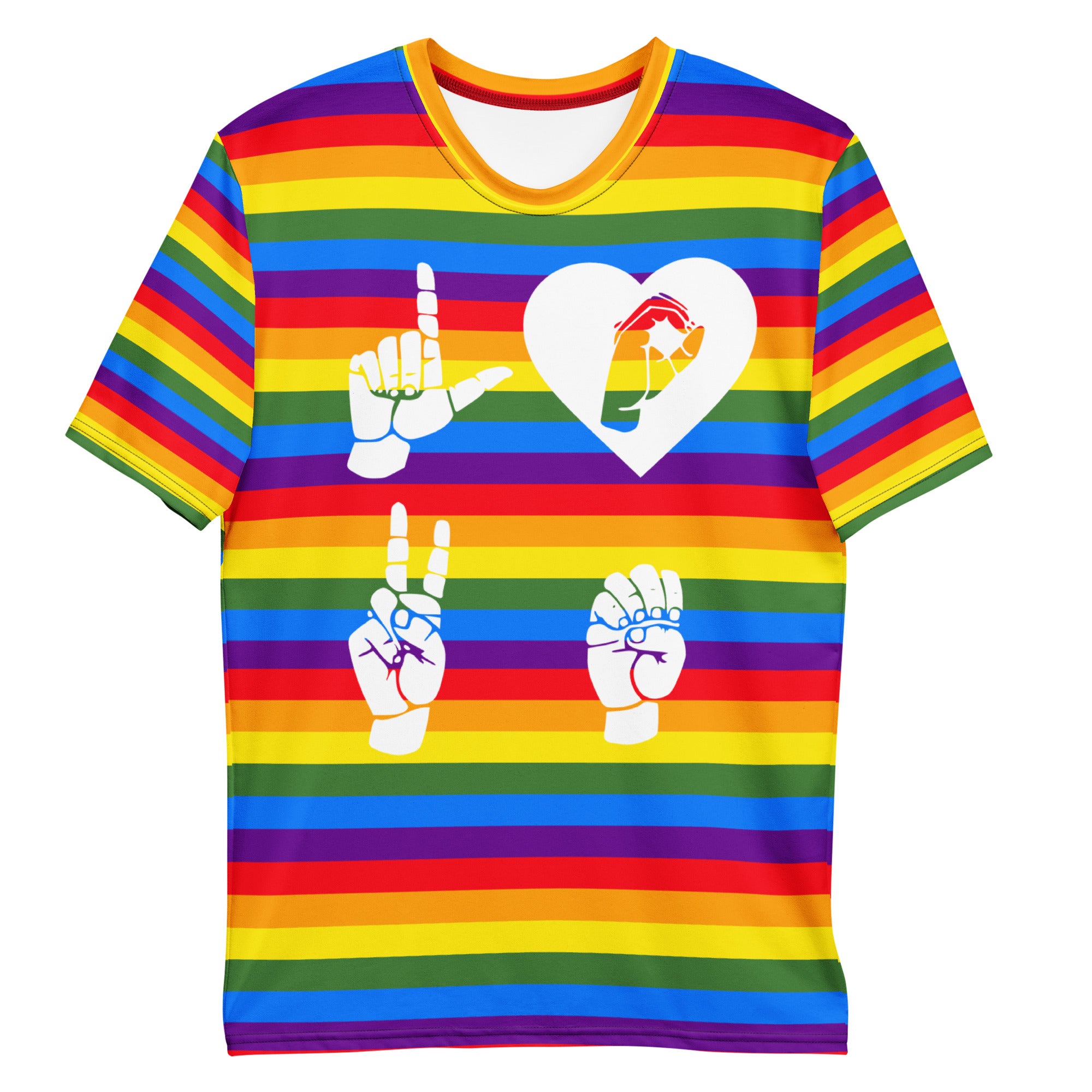 Pride rainbow coloured t-shirt with the word LOVE white ASL fingerspelling design