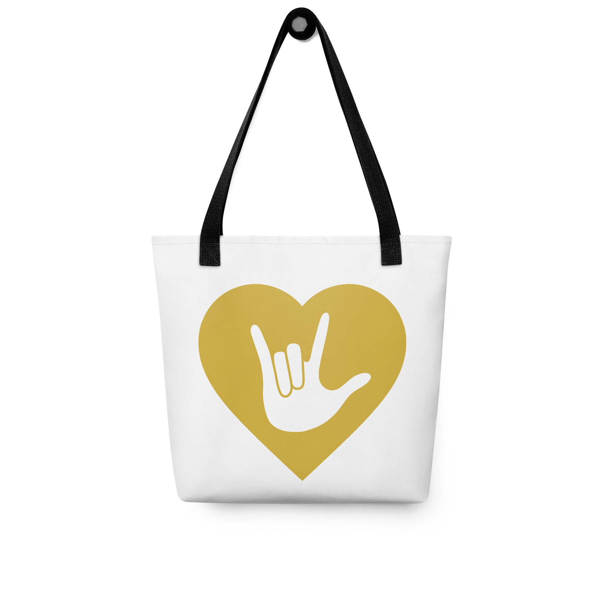 Tote bag with a black handle and a gold heart with the ASL I love you sign at its center.