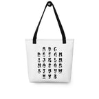 White Tote Bag with a black handle showing BSL Alphabet - Black Fingerspelling & Text